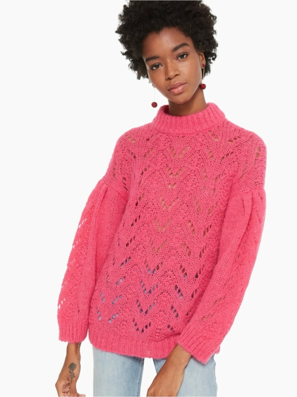 Kate Spade Pointelle Stitch Open Knit Sweater XS Pink Puff Sleeve